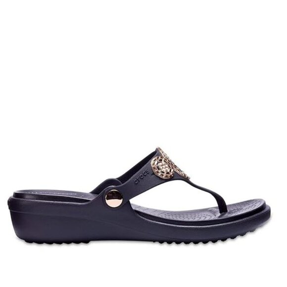Crocs Sanrah Diamante Embellished Black/Rose Gold Wedge Flip Sandal Women's 6 w - Picture 5 of 14